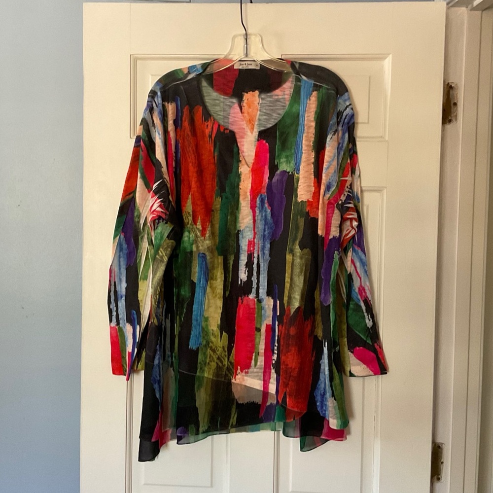 Jess & Jane Multicolor Abstract Tunic Top Asymmetrical Hem Plus Size 2X Artsy